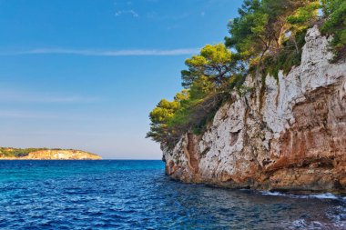 Güzel defne plaj turkuaz deniz suyu. Mallorca Adası, İspanya Akdeniz, Balear Adaları.
