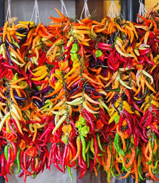 Bunches Red Green Yellow Hot Peppers Market Spain — Stock Photo, Image