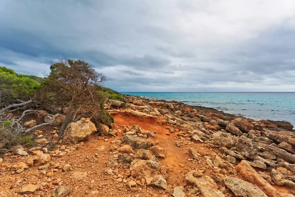 Rotsachtige Strand Onder Een Sombere Dramatische Hemel Mallorca Eiland Spanje — Stockfoto