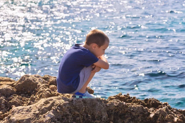 Boy Sits Rocks Looks Sea Mallorca Island Spain Mediterranean Sea — Stock Photo, Image