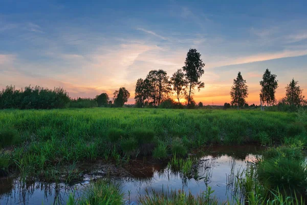 Pôr Sol Dramático Sobre Campo Com Riacho — Fotografia de Stock