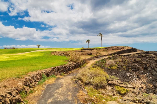 Bela paisagem de um campo de golfe com palmeiras — Fotografia de Stock