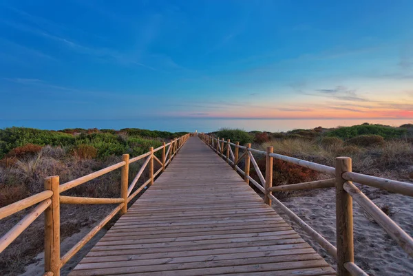 Weathered lumber path leading to calm sea during beautiful sunse