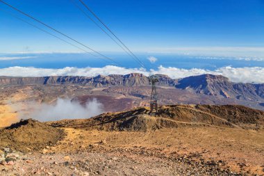 Teide 'nin tepesinden ön plandaki kablonun altyapısı ve arka plandaki bulutlar denizi, Tenerife, Kanarya Adaları, İspanya