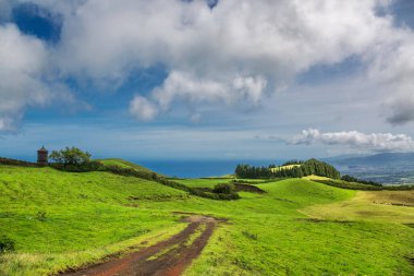 Yol, Portekiz 'in Sao Miguel, Azores adasındaki yeşil tepelerden geçiyor.