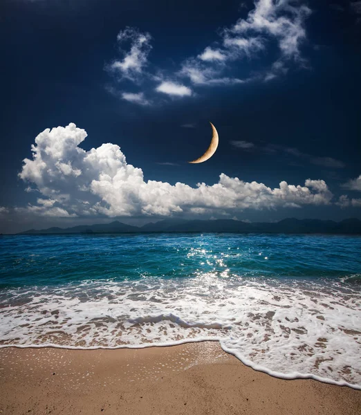 Night sea, wave with foam and moon