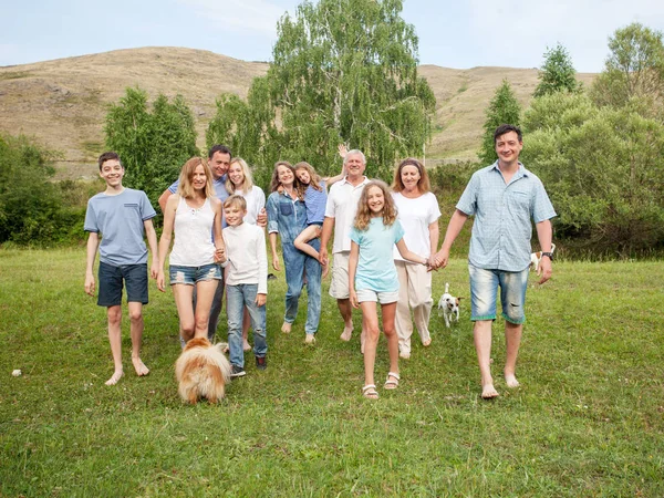 Large Family Outdoors Mother Father Children Grandmother Grandfather Dog — Stock Photo, Image