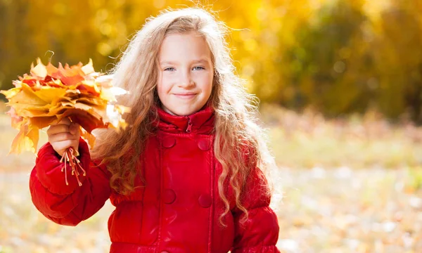 秋の女の子 公園で葉を持つ子供 — ストック写真