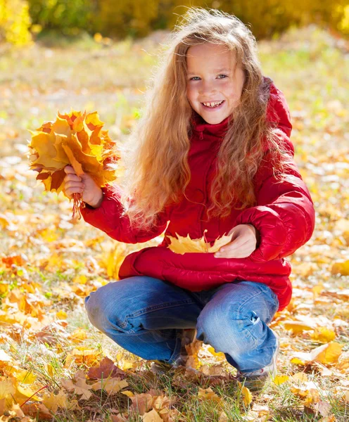 Sonbaharda Kız Parkta Yaprağı Olan Çocuk — Stok fotoğraf