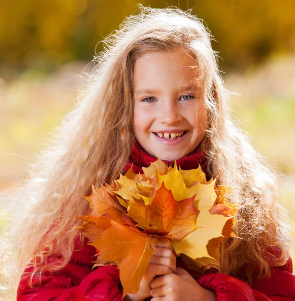 Dziewczyna Jesienią Dziecko Liściem Parku — Zdjęcie stockowe