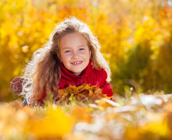 Chica Otoño Niño Con Hoja Parque — Foto de Stock