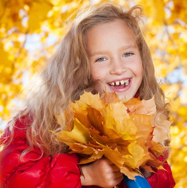 Rapariga Outono Criança Com Folha Parque — Fotografia de Stock