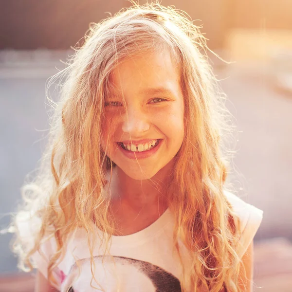 Happy Child Outdoors Portrait One Girl Smiling Child — Stock Photo, Image