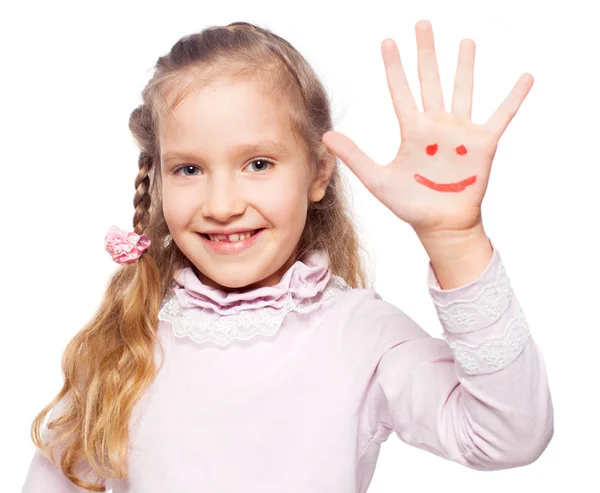Gelukkig Meisje Geïsoleerd Wit Kind Met Geschilderde Glimlach Palm — Stockfoto