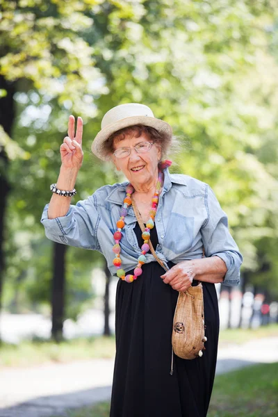 Lycklig Farmor Utomhus Gammal Kvinna Promenader Seniorer — Stockfoto