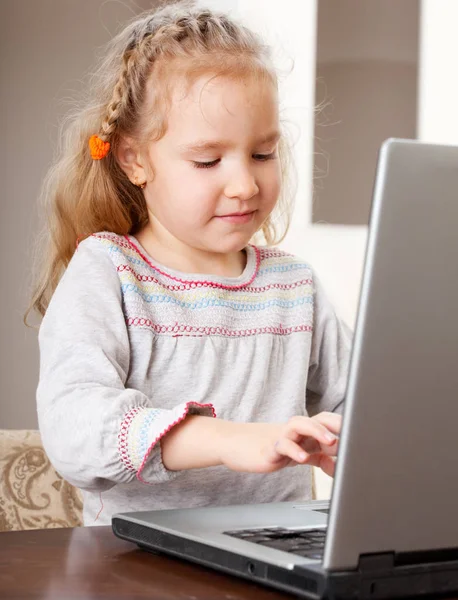 Child Laptop Indoors Happy Little Girl Playing Computer Home Stock Photo