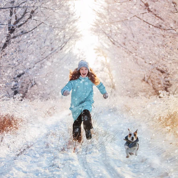 Child Runs Dog Winter Happy Girl Dog Outdoors — Stock Photo, Image