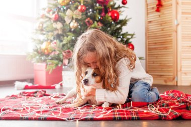 Noel ağacının yanında köpeği olan bir çocuk.