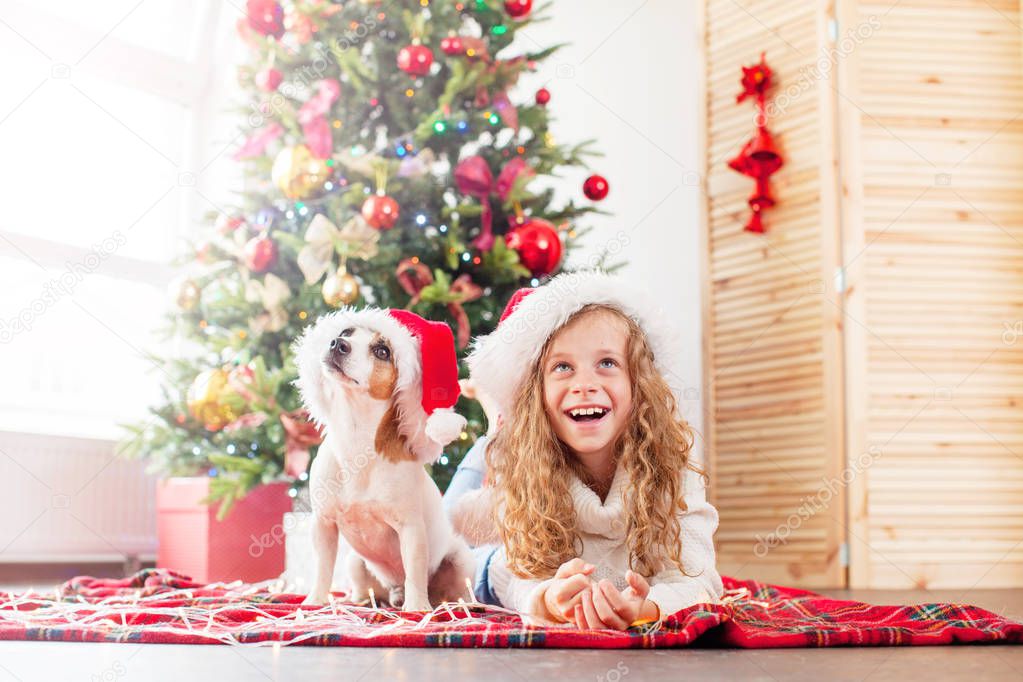 Child with dog near christmas tree