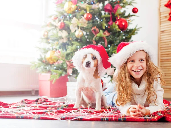 Noel ağacının yanında köpeği olan bir çocuk. — Stok fotoğraf