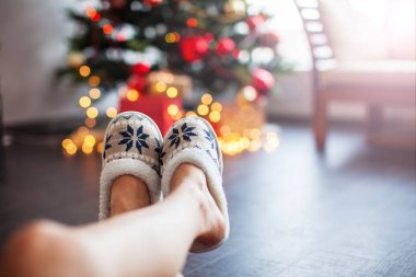 Noel ağacı arka planında terlik giymiş bacaklar. Konforlu ev tekstili 