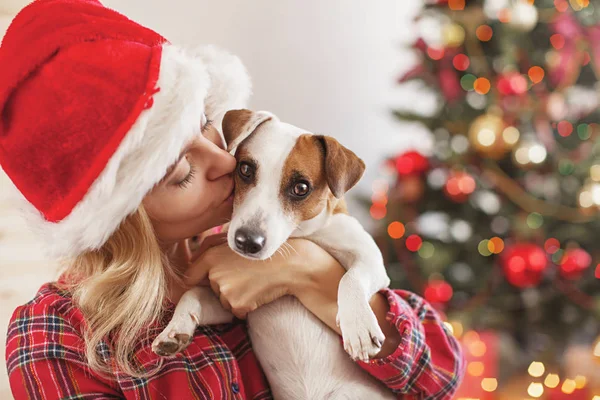 Glückliche Frau mit Hund in Weihnachtsdekoration — Stockfoto