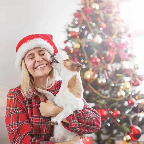 Glückliche Frau mit Hund in Weihnachtsdekoration — Stockfoto