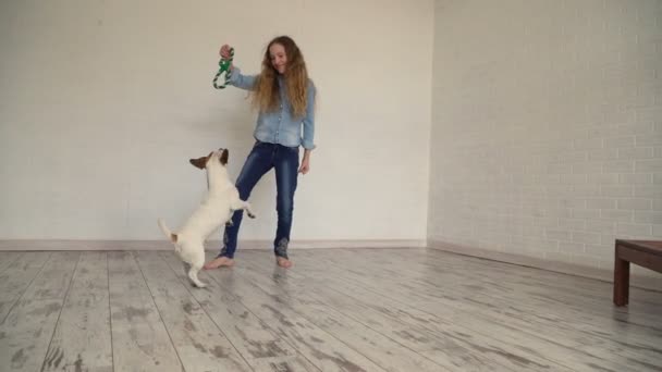 Barn leker med sin hund hemma — Stockvideo