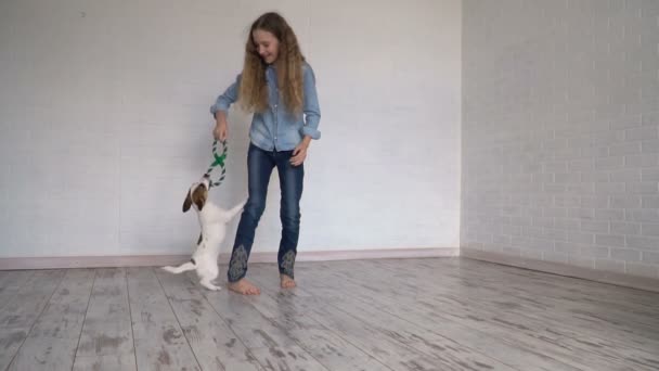 Ребенок играет со своей собакой дома — стоковое видео