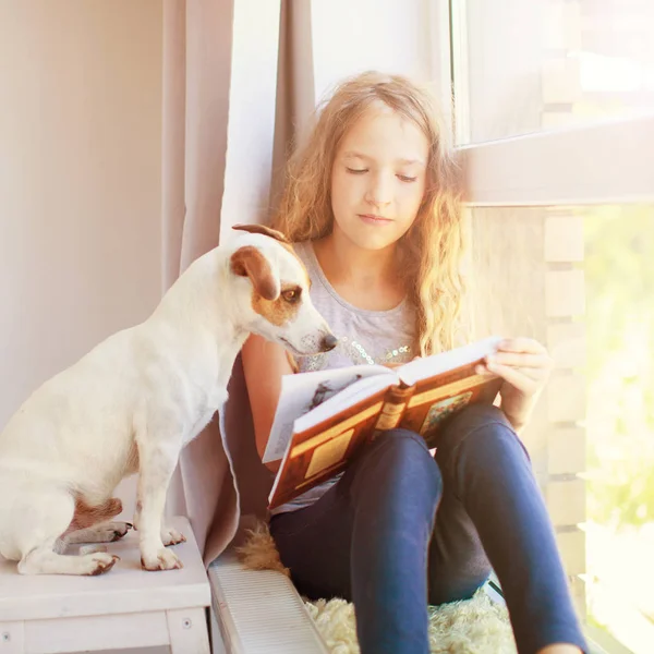 Girl reading book at home with dog — Stock Photo, Image
