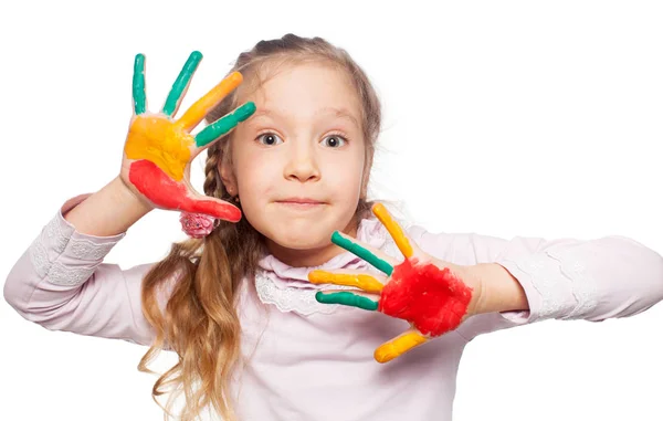 Dívka s malovanými dlaně — Stock fotografie