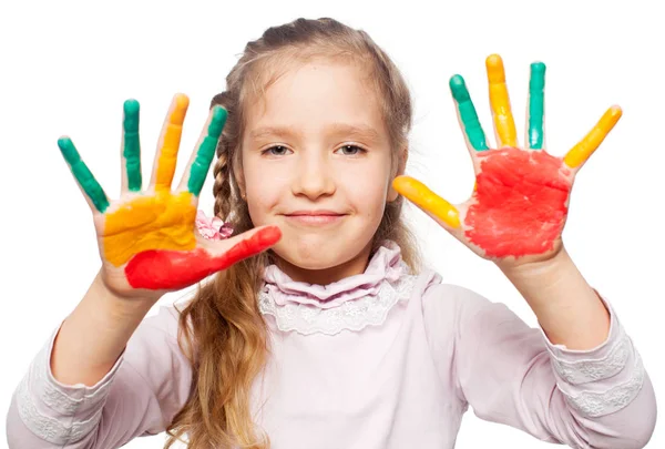 Meisje met geschilderde palmen — Stockfoto