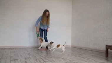 Evde köpeğiyle oynayan çocuk