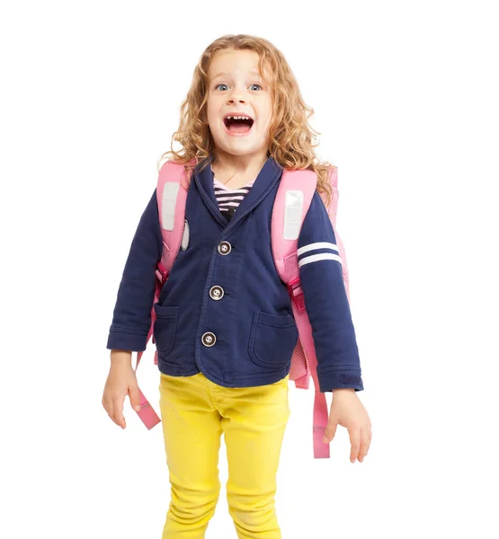 Mała dziewczynka z torbą szkolną — Zdjęcie stockowe