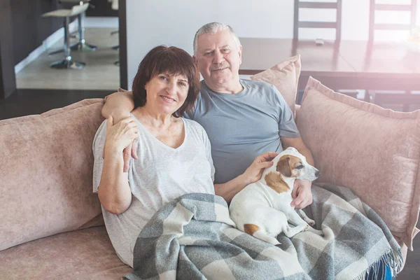 Feliz pareja de ancianos sentados en el sofá en casa — Foto de Stock