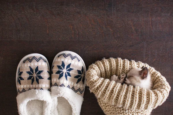 Zapatillas y sombrero de punto en el suelo caliente — Foto de Stock