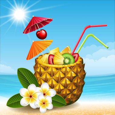 Vektör çizim - ananas tropikal kokteyl ve bir beac çiçekler