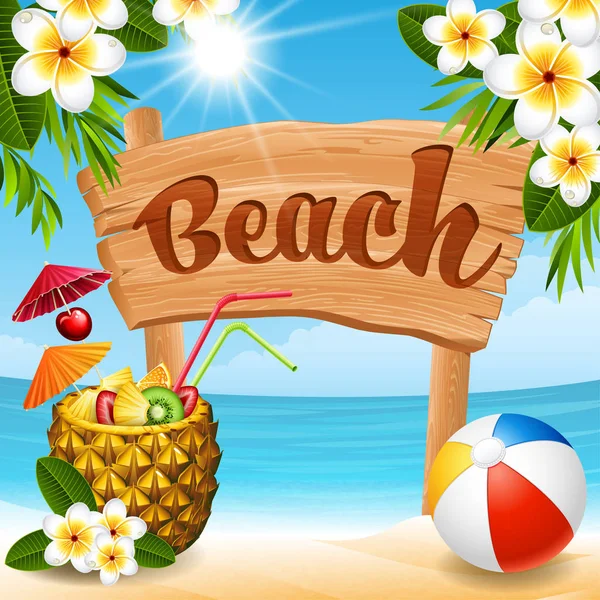 Vector Illustration Wooden Banner Pineapple Cocktail Ball Beach — Stock Vector