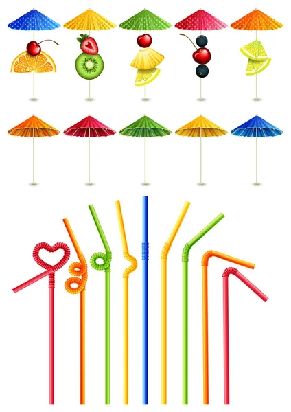 Illustration Vectorielle Ensemble Icônes Pailles Parapluies Cocktail — Image vectorielle