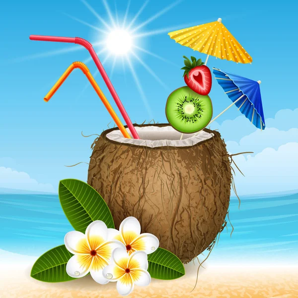 Illustrazione Vettoriale Cocktail Tropicale Cocco Fiori Una Spiaggia — Vettoriale Stock