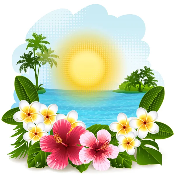 Ilustração Vetorial Paisagem Tropical Com Flores — Vetor de Stock