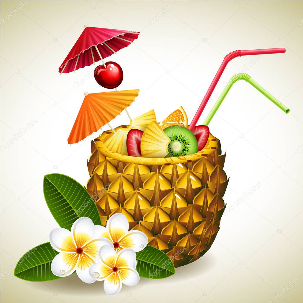 Vector illustration - pineapple tropical cocktail and flowers