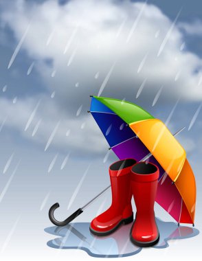 Gökkuşağı şemsiye ve kırmızı gumboots ile sonbahar arka plan