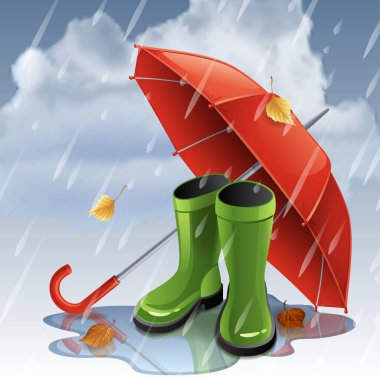 Kırmızı şemsiye ve yeşil gumboots ile sonbahar arka plan.