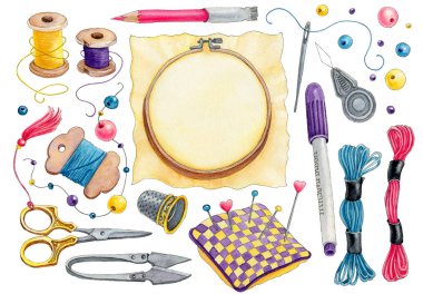 El çizimi nakış araçlar beyaz arka plan üzerinde izole suluboya kümesi