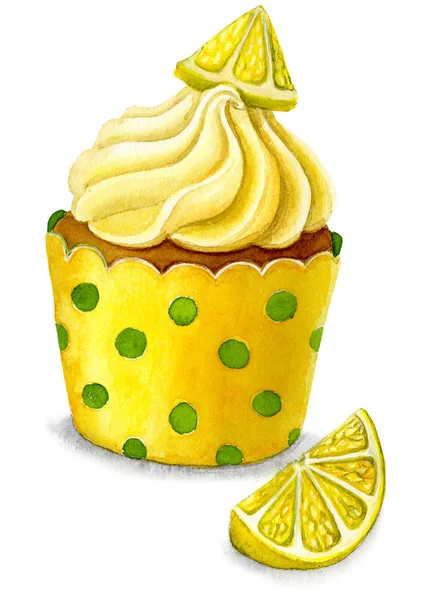 Handritade Akvarell Illustration Citron Cupcake Isolerad Vit Bakgrund — Stockfoto