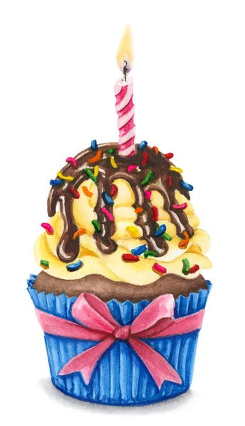 Handritade Akvarell Illustration Birthday Cupcake Isolerad Vit Bakgrund — Stockfoto