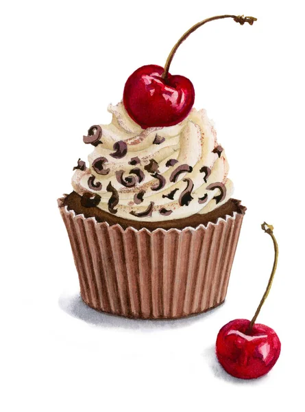 Handritade Akvarell Illustration Körsbär Cupcake Isolerad Vit Bakgrund — Stockfoto