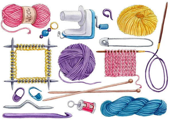 手绘水彩集 Knittinng 工具在白色背景下隔离 — 图库照片#