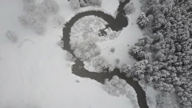 4 k. uçuş bulutlar ve donmuş ormanda vahşi sarma Nehri üzerinde. SnowLy kış kuzeyde. Havadan panoramik görünümü. 